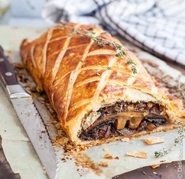 MUSHROOM WELLINGTON WITH GRILLED ASPARAGUS AND BROCCOLINI