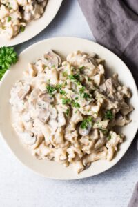 MUSHROOM STROGANOFF PENNE PASTA WITH GRILLED ASPARAGUS