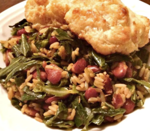 SAVORY COLLARD GREENS, RED BEANS AND CAJUN RICE