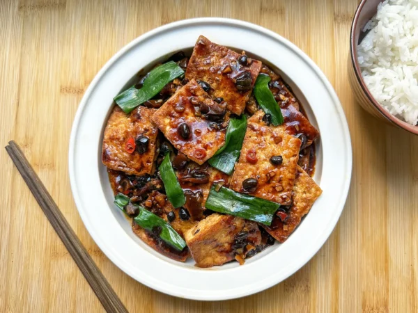 PAN-FRIED TOFU WITH SHIITAKI MUSHROOMS AND BLACK BEAN SAUCE