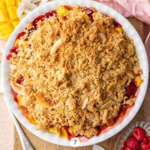 MANGO & RASPBERRY CRUMBLE WITH TOASTED COCONUT TOPPING