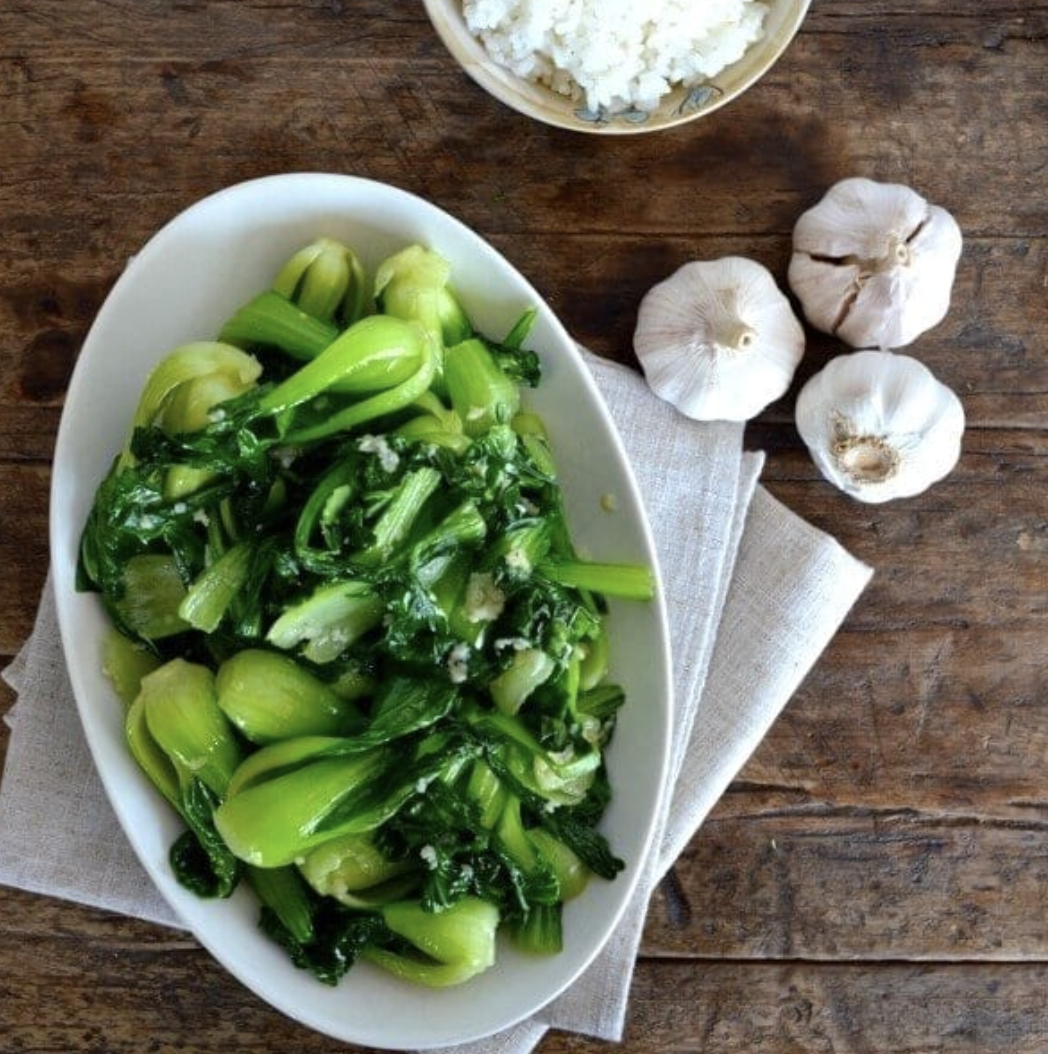 STEAMED BABY BOK CHOY WITH GARLIC AND SESAME OIL