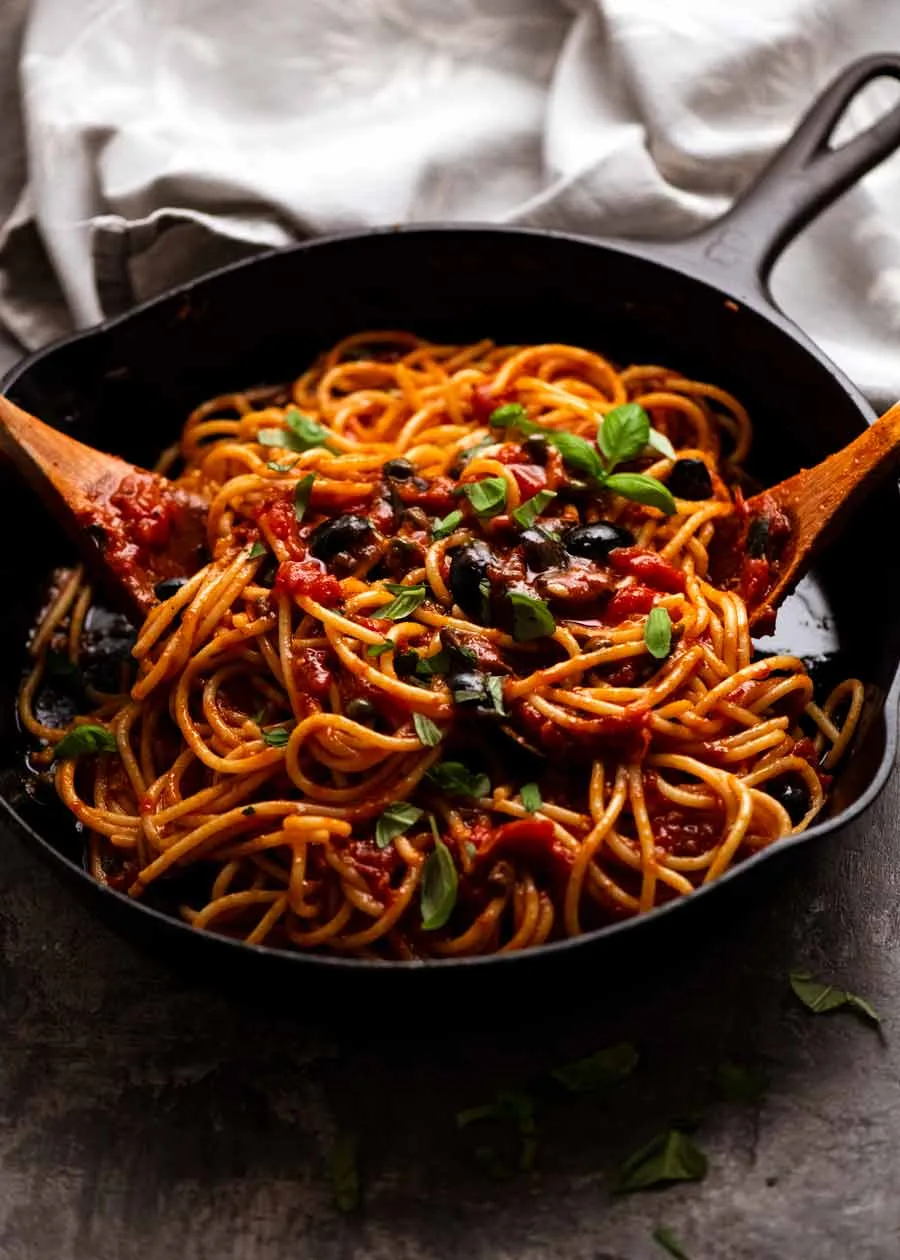 PASTA PUTTANESCA WITH EGGPLANT, OLIVES AND CAPERS