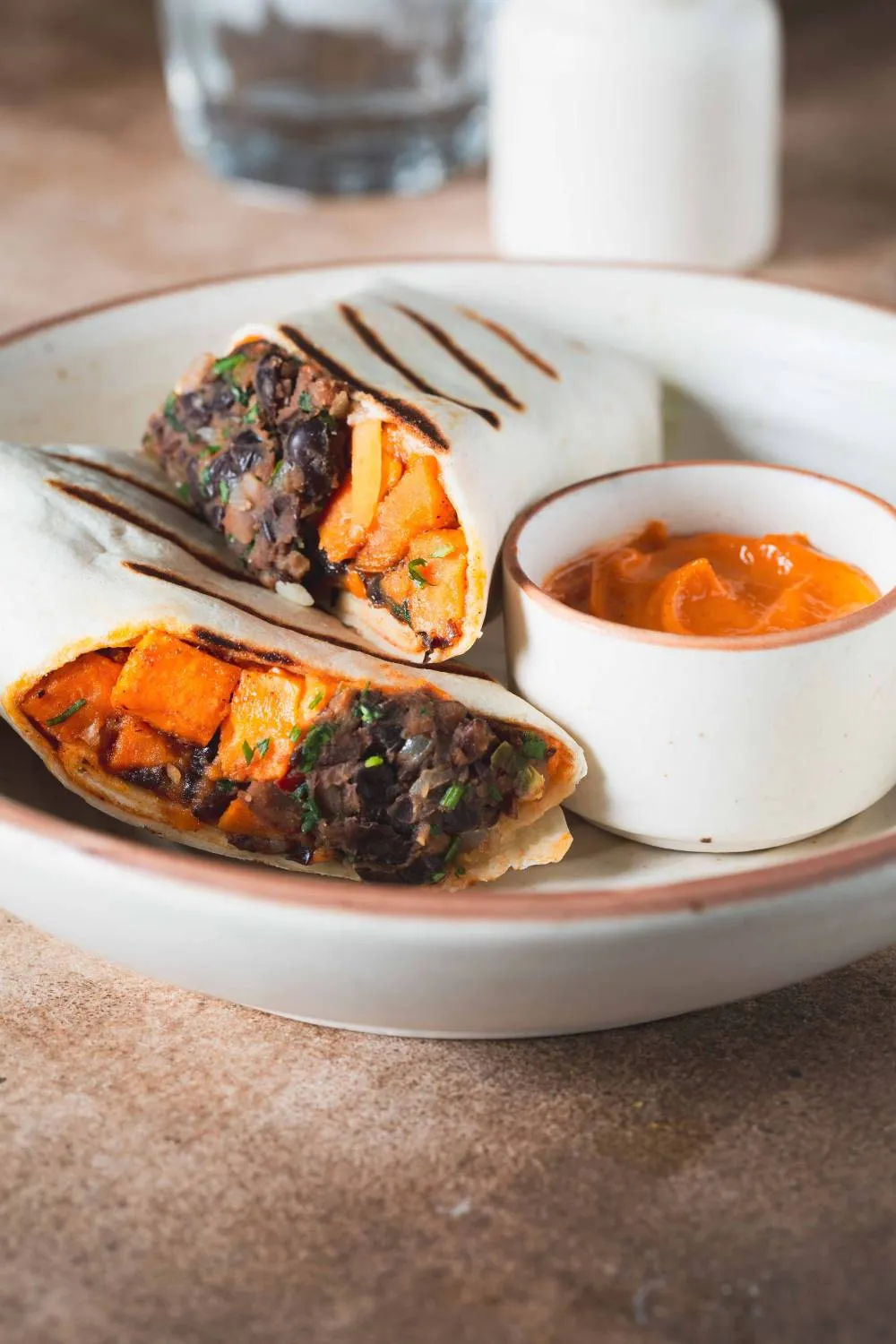 SWEET POTATO BURRITO WITH CHIPOTLE BLACK BEANS AND CILANTRO RICE