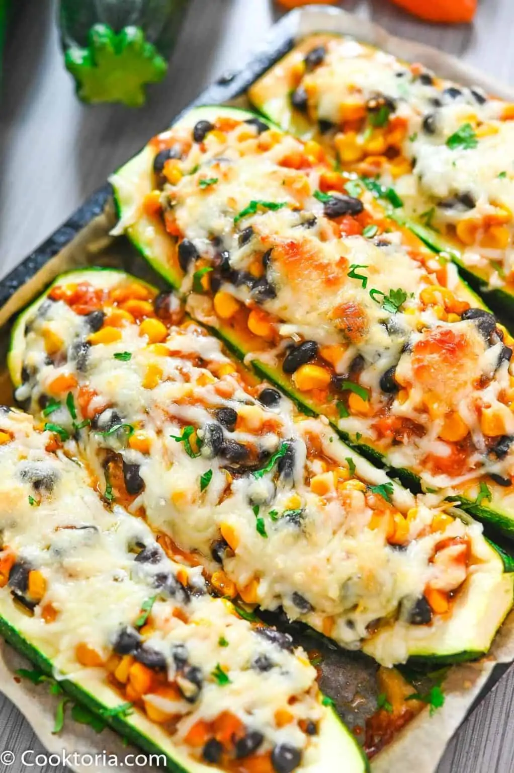 MEXICAN ZUCCHINI BOATS WITH BLACK BEANS AND SALSA VERDE