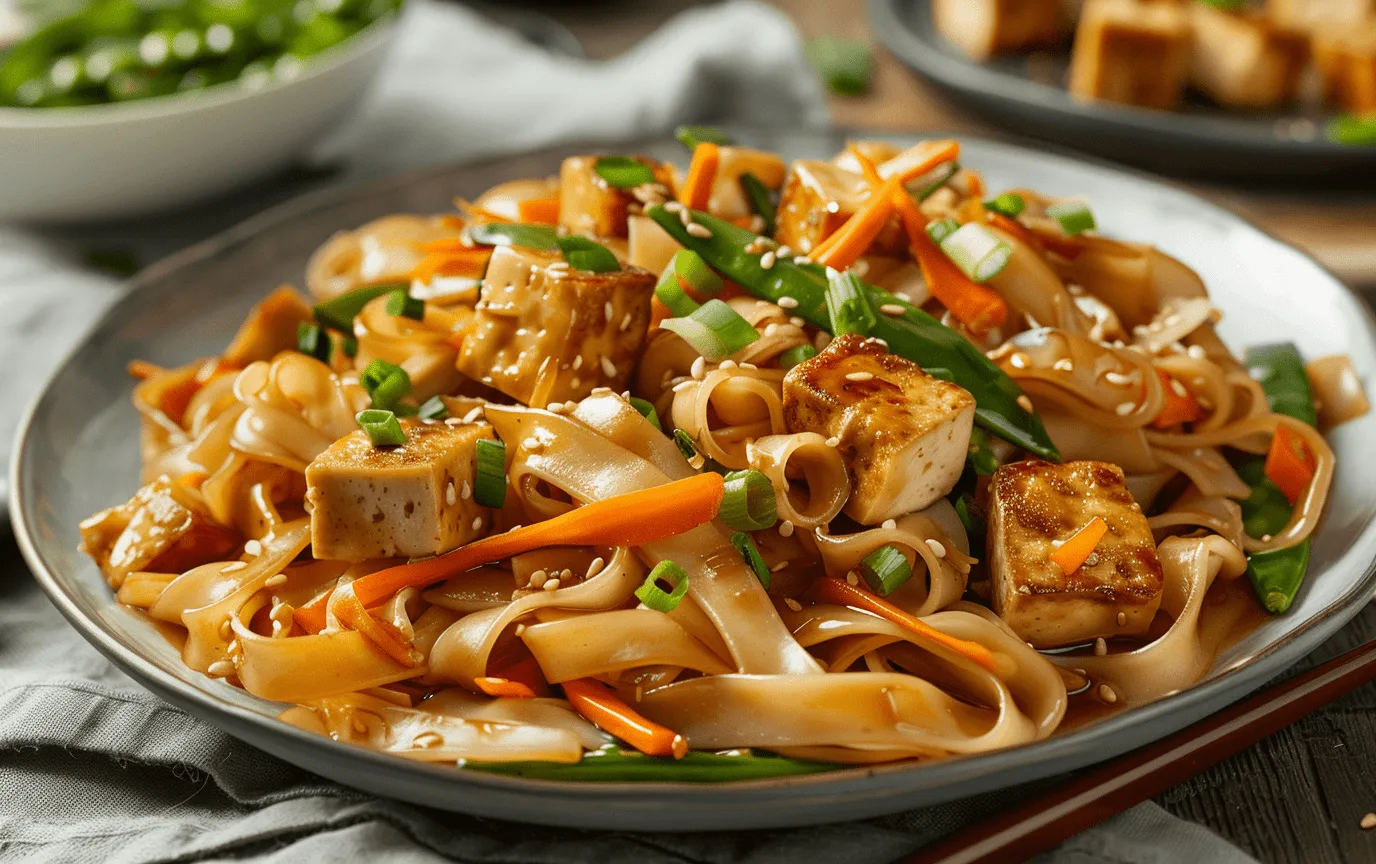CHOW FUN WITH BELL PEPPERS, SNOW PEAS & TOFU IN PLUM SAUCE